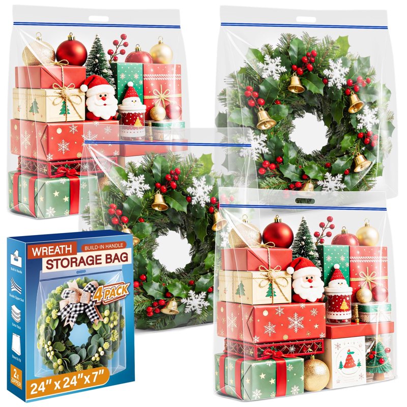 Extra Large Plastic Wreath Storage Bags 24x24x7 Inches - 4 Pack