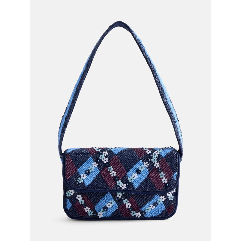 Beaded Argyle Shoulder Bag for Women - Preppy Style, Whimsical Flower Accents