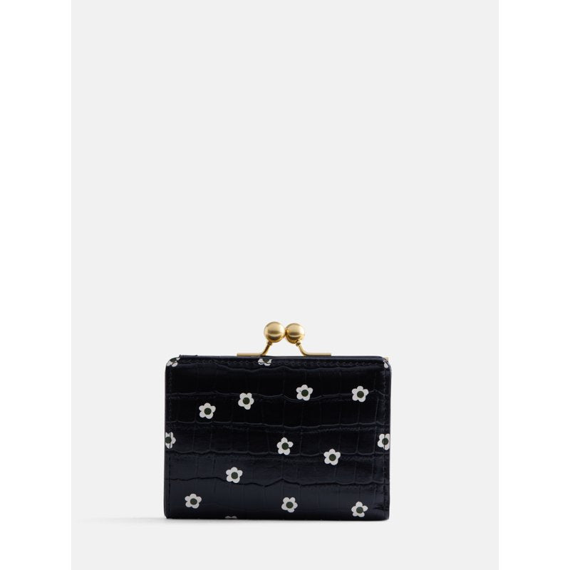 Croco Textured Women's Kiss Lock Wallet with Floral Accents