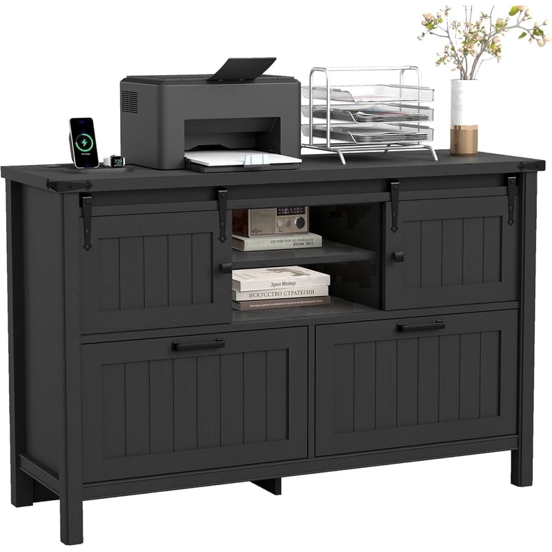Farmhouse 2-Drawer Lateral File Cabinet with Sliding Doors & Charge Station