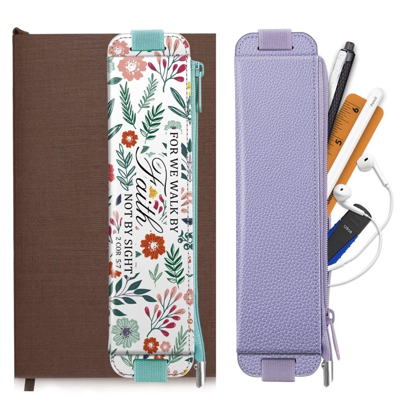 Elastic Pen Holder for Notebooks - Leather Pencil Pouch with Zipper & Elastic Band