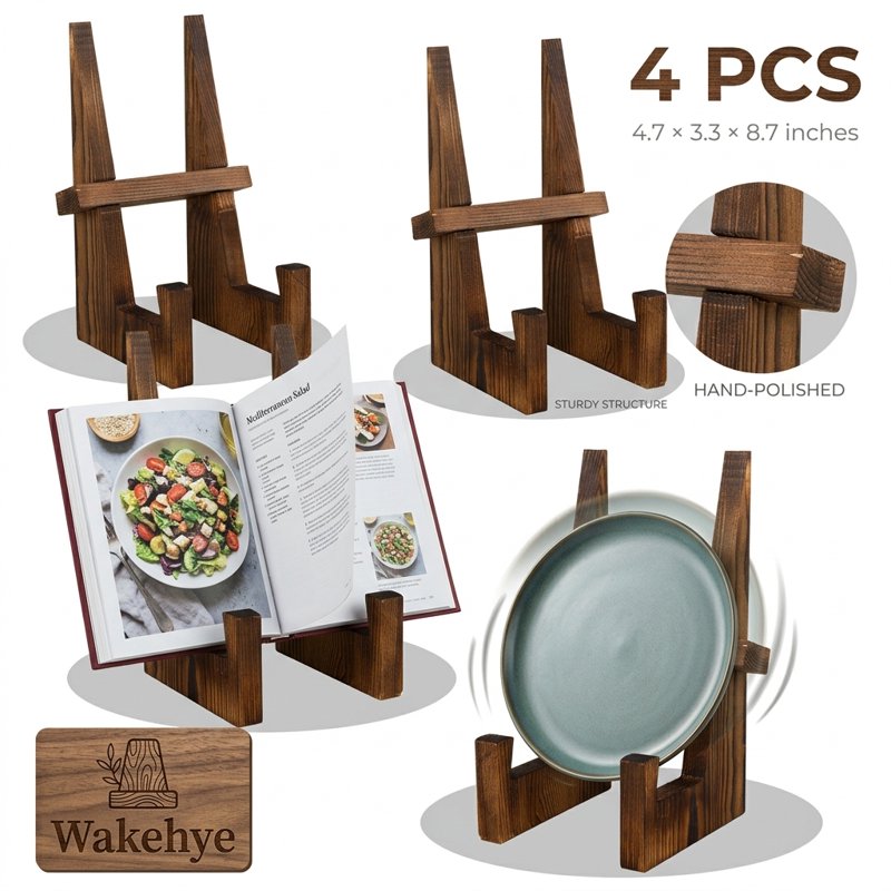 Wooden Plate Stand Set - Rustic Brown Tabletop Easels for Photos & Books, 8.66 Inch, 4 Pieces