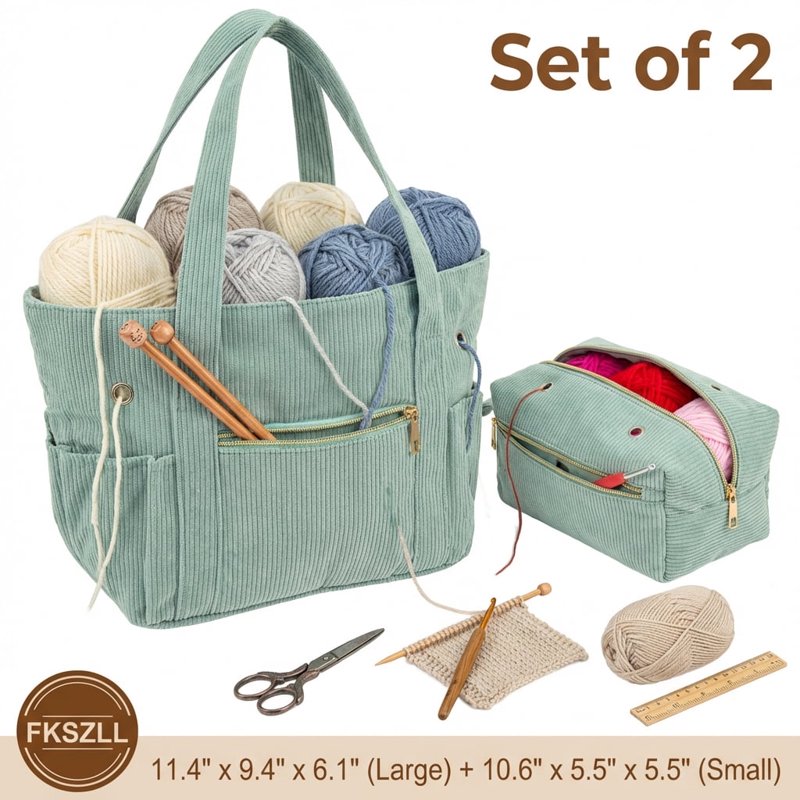 Crochet Bag Organizer and Yarn Tote Set with Needle Pocket and Yarn Holes