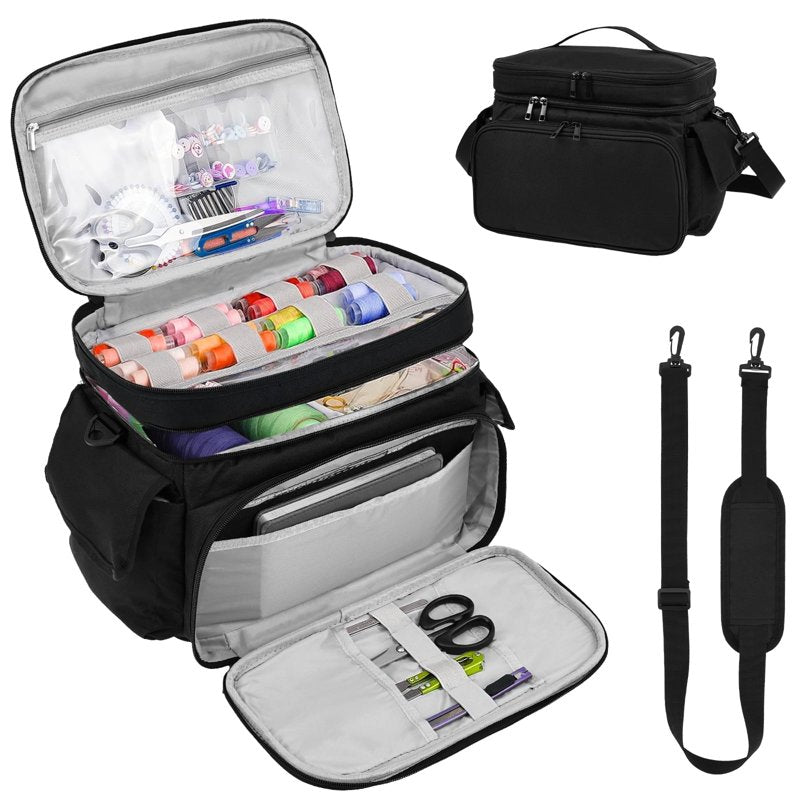 Large Double Layer Sewing Organizer Bag with Removable Dividers and Shoulder Strap