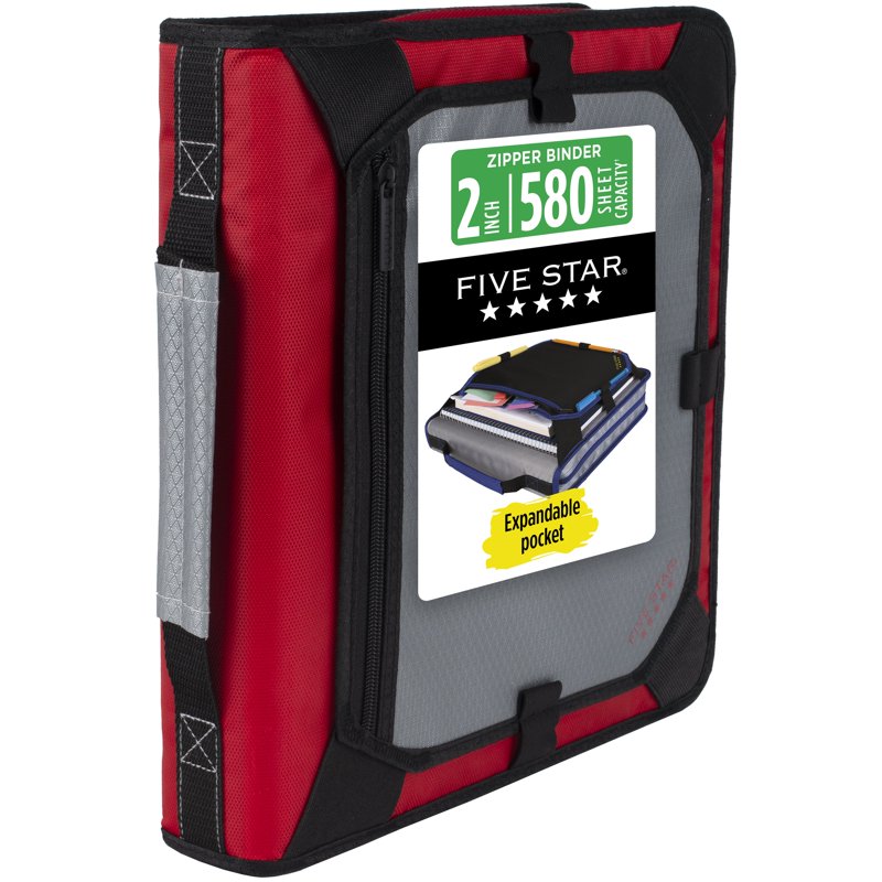2-Inch Red Expanding Zipper Binder with 5-Tab File System & Carry Handle