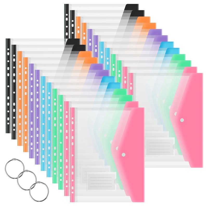 24 Pack Plastic Binder Pockets for 3-Ring & 2/4-Ring Binders, Expandable Document Envelopes