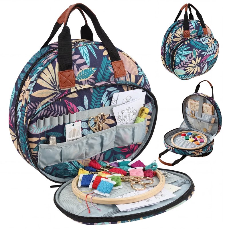 Embroidery Project Bag with Multiple Pockets and Round Hoop Storage - Carrying Tote for Floss and Thread