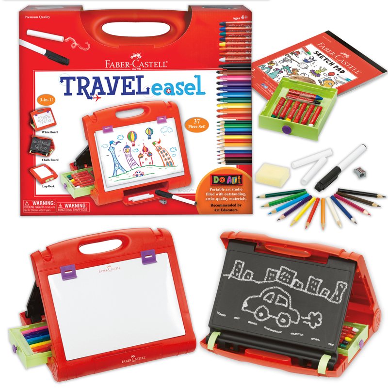 Kids Travel Art Easel Set with 37 Art Supplies - Drawing, Whiteboard & Chalkboard