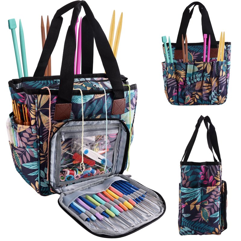 Crochet Yarn Organizer Bag with Multiple Compartments and Accessories - Blue