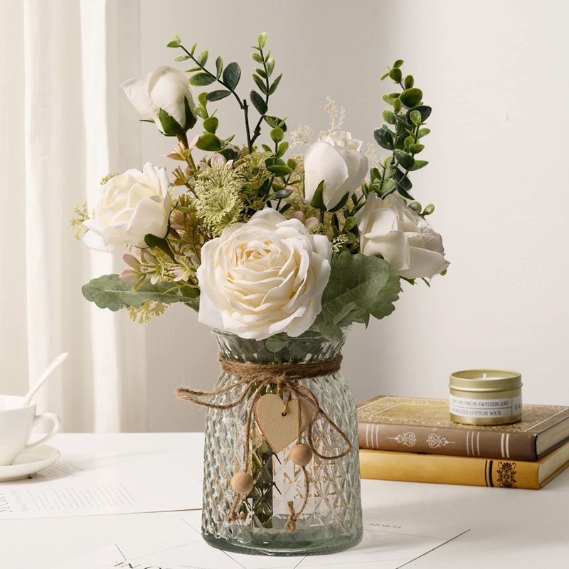 Artificial Flower Arrangement with Vase - White Silk Roses & Eucalyptus for Home & Wedding Decor