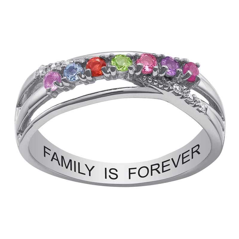 Personalized Birthstone Ring with Diamond Accent in Sterling Silver or Gold Over Silver - Customizable Family Jewelry