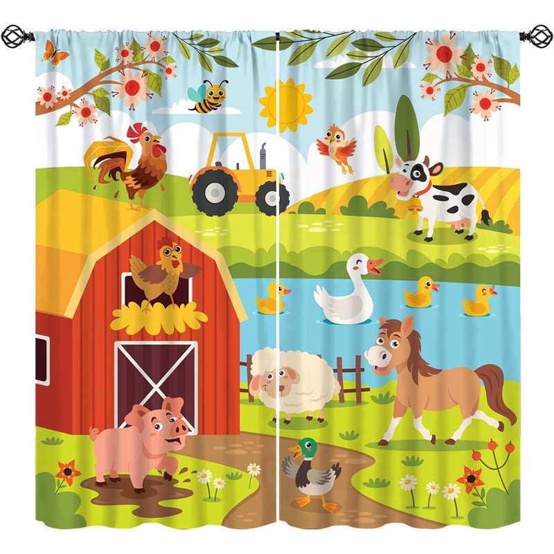 Farmhouse Cartoon Animal Pattern Insulated Curtains for Children’s Bedroom — 2 Panel Set