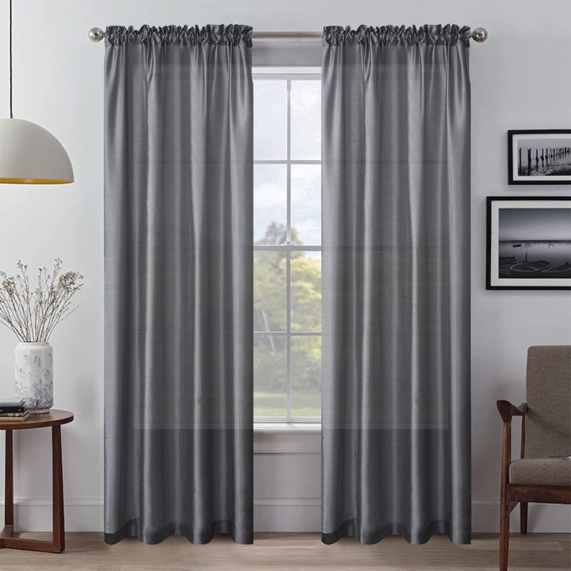 Faux Silk Light Filtering Curtain with Rod Pocket - Dark Grey 52x84 Inches