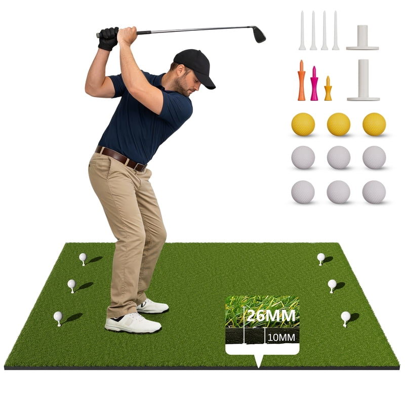 FelixKing 5x4 ft Golf Hitting Mat with Ball Tray, 26mm Turf, 6 Tee Holes, for Indoor/Outdoor Practice – Variation: 5 x 4 ft, 1.02 in, Fairway