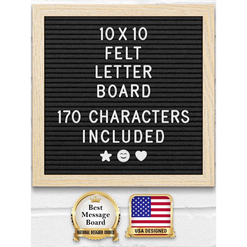 10x10 Inch Felt Letter Board with 170 Letters and Numbers - Black or Gray
