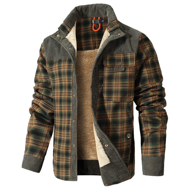 Light Army Green Fexilor Men’s Corduroy Plaid Sherpa Lined Flannel Shirt Jacket, XL