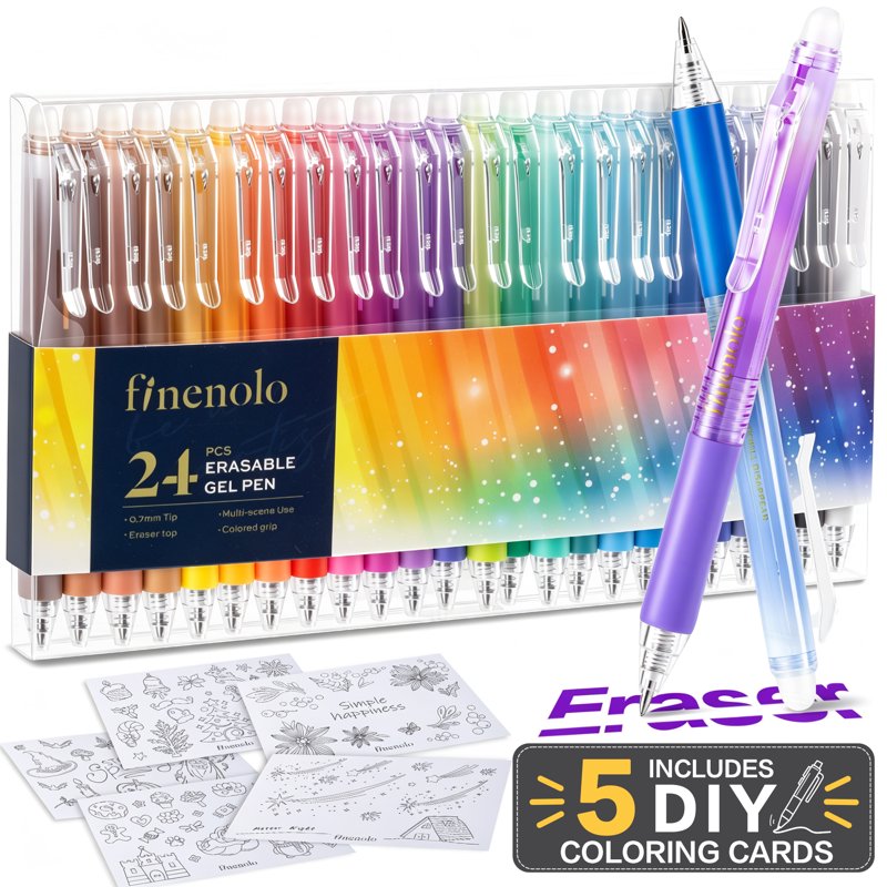 Erasable Gel Pens Set - 24 Assorted Fine Point Retractable Pens with Erasers