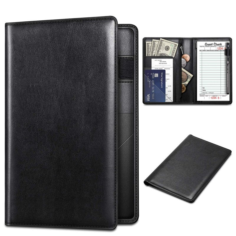 Server Book Organizer with Zipper Pocket and Pen Holder - Restaurant Guest Check Presenter, Leather Look