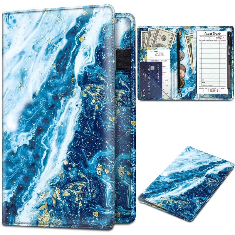 Server Book Organizer with Zipper Pocket and Pen Holder - PU Leather Restaurant Check Presenter for Waitstaff