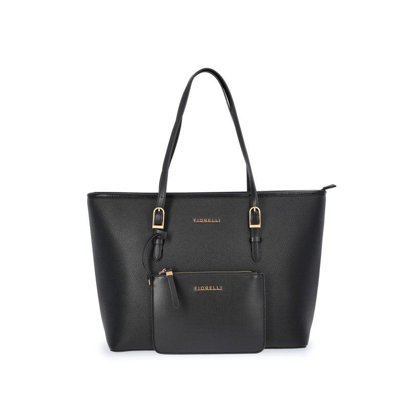 Women's Faux Leather Tote Bag with Detachable Pouch - Black