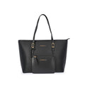 Women's Faux Leather Tote Bag with Detachable Pouch - Black