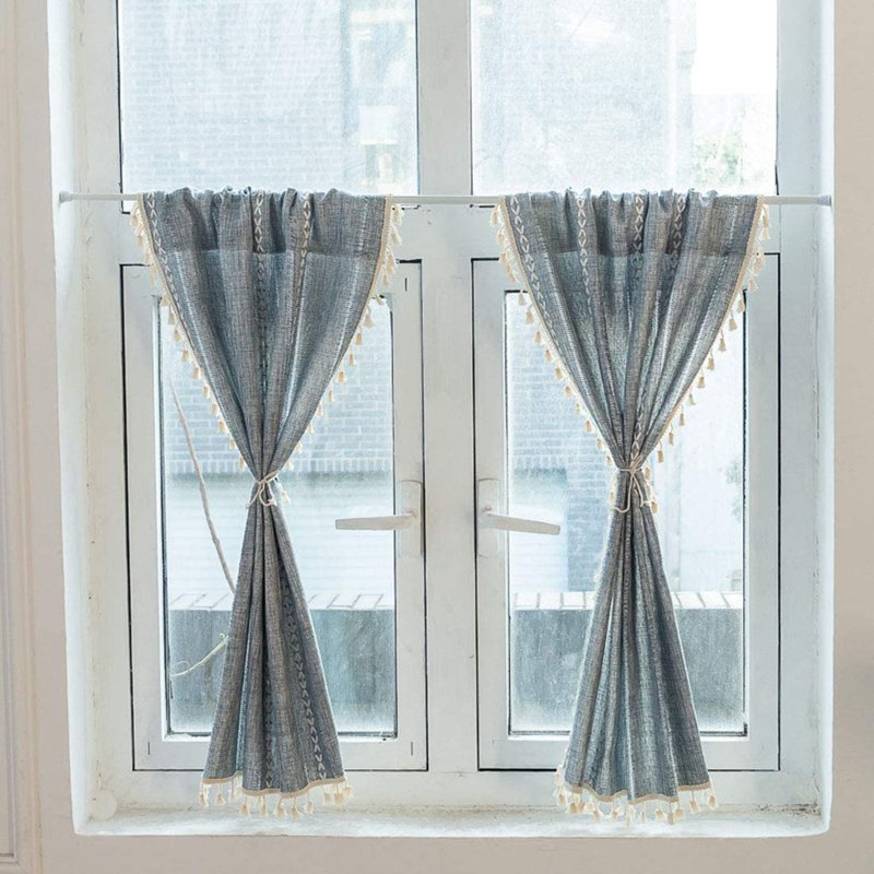 Boho Embroidered Kitchen Tier Curtains with Tassels - Farmhouse Linen Texture, Blue, 24x35 Inches