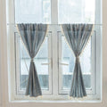 Boho Embroidered Kitchen Tier Curtains with Tassels - Farmhouse Linen Texture, Blue, 24x35 Inches