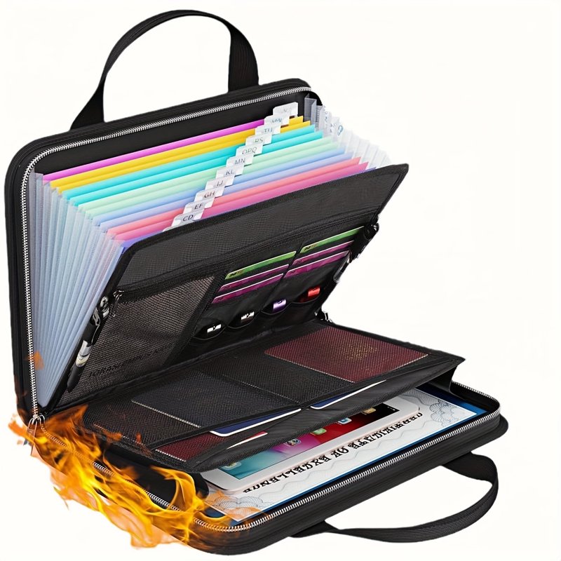 Fireproof Accordion File Organizer with Lock & Handle - 13 Pockets Business Document Storage