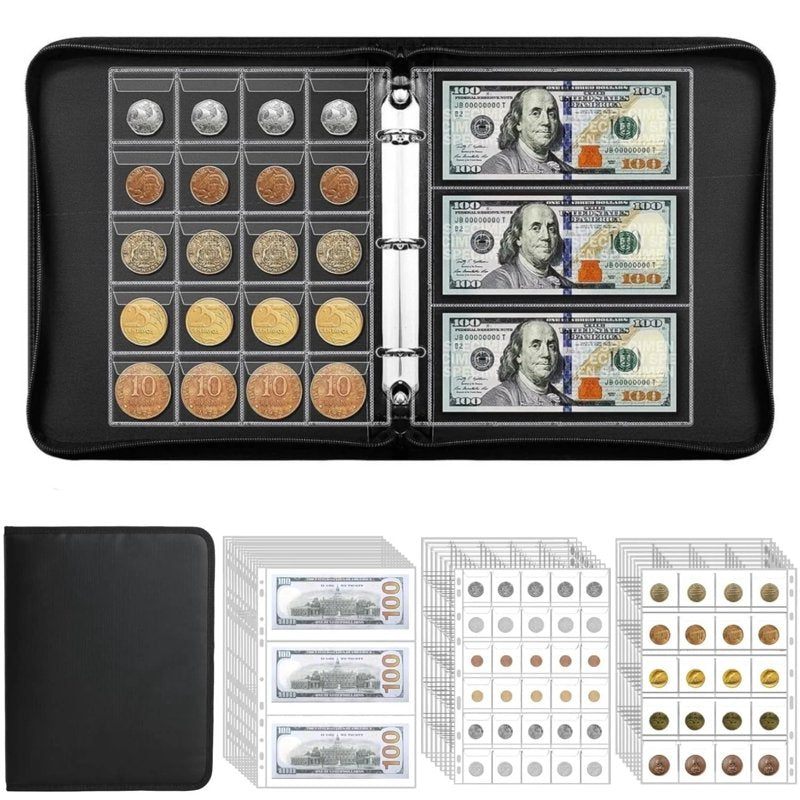 Fireproof Coin Collection Book - Holds 300 Coins & 36 Currency Sleeves, Fire-Resistant Storage Case for Collectors