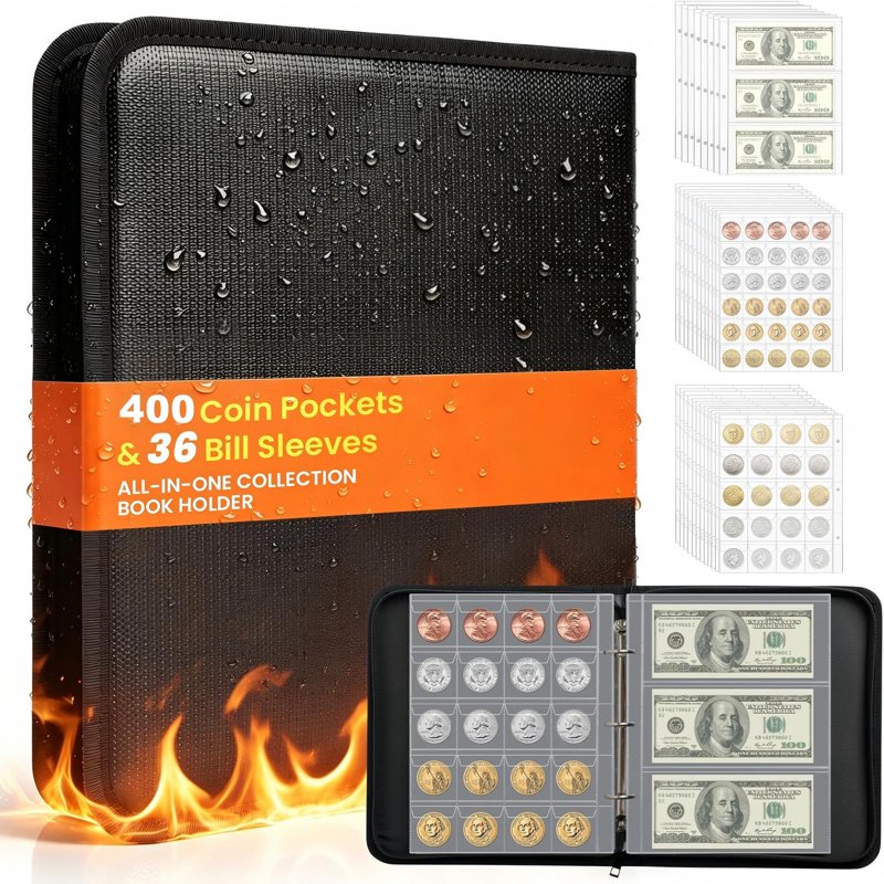 Fireproof Coin Collection Book Holder with 400 Pockets & Currency Sleeves