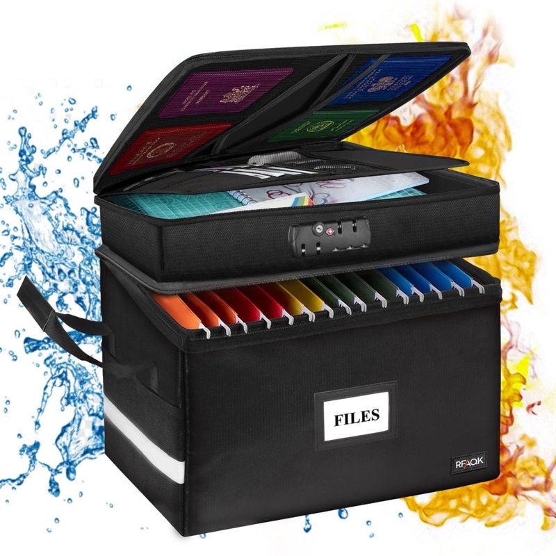 Fireproof Water-Resistant Document Storage Box with Lock and Multi-Pockets
