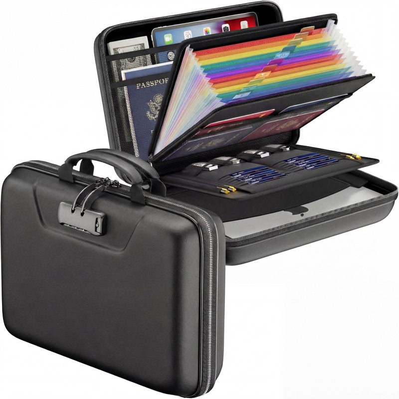 Fireproof Document Box with Lock, Water-Resistant Hard Case & 13-Pocket Organizer