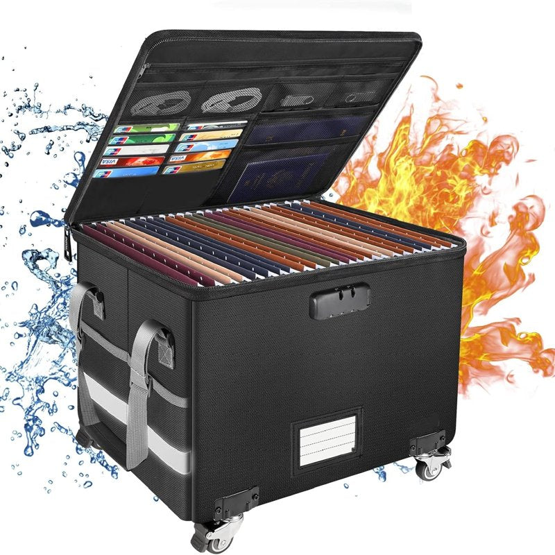 Fireproof Document Box with Wheels Lockable Portable Safe for Home Office
