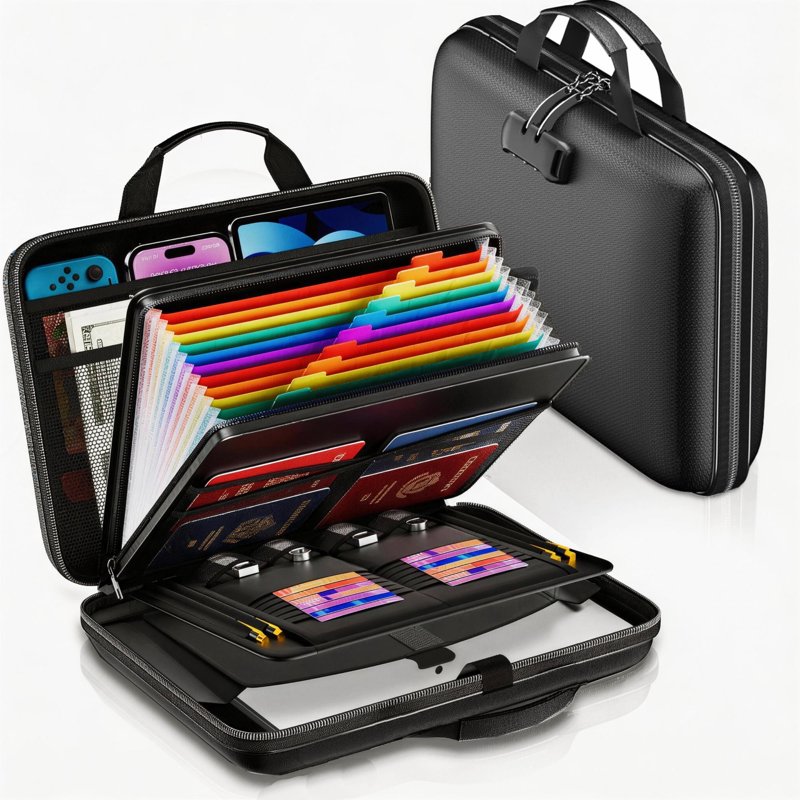 Fireproof Document Safe Box with Lock and Accordion Organizer - Black