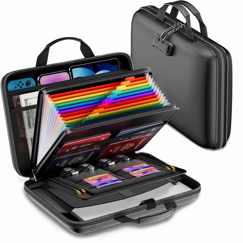 Fireproof Water-Resistant Document Organizer with Lock, 13 Pockets, Hard Shell Case