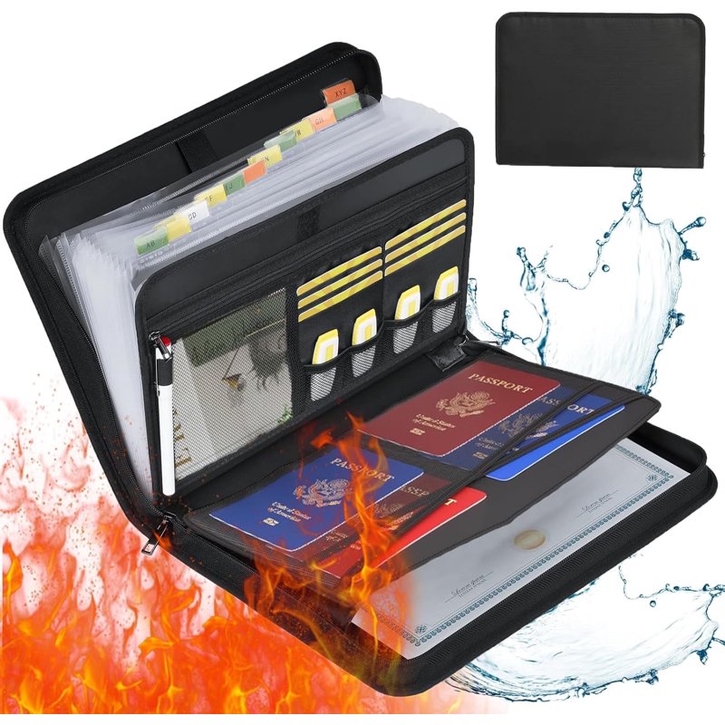 Fireproof Waterproof Accordion File Organizer with 13 Pockets, Labels & Handle