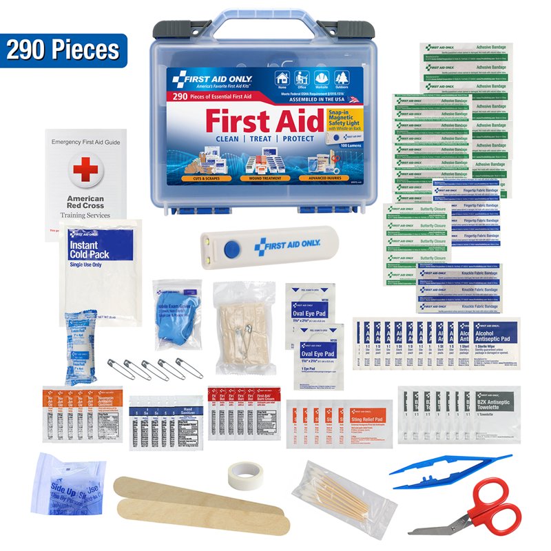 All-Purpose First Aid Kit with Magnetic Flashlight - 290 Pieces, OSHA Compliant