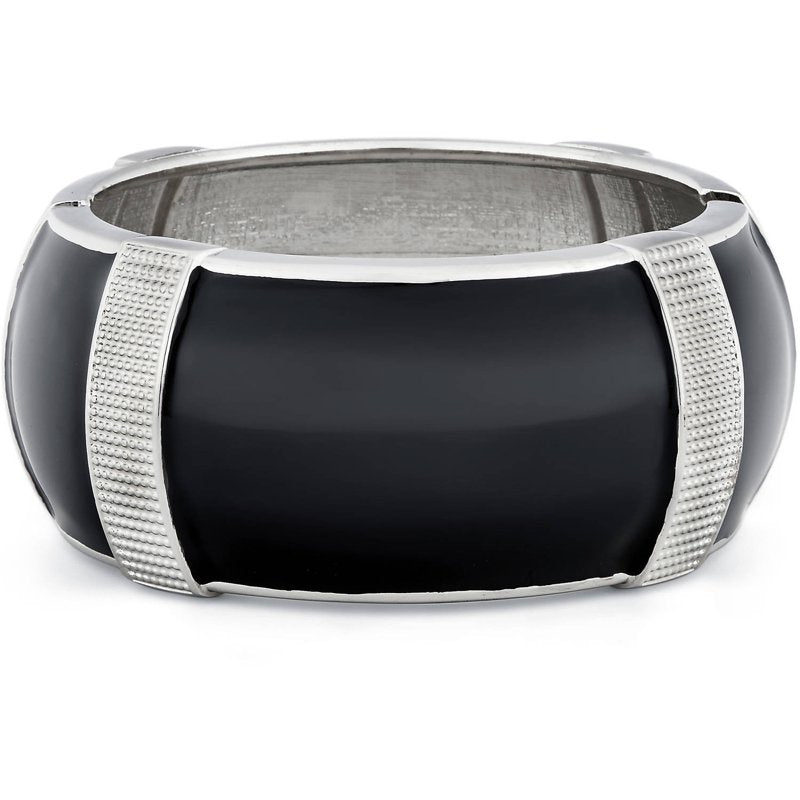 Black Enamel Textured Enhancer Bangle Bracelet for Fitbit Charge - Silver Finish