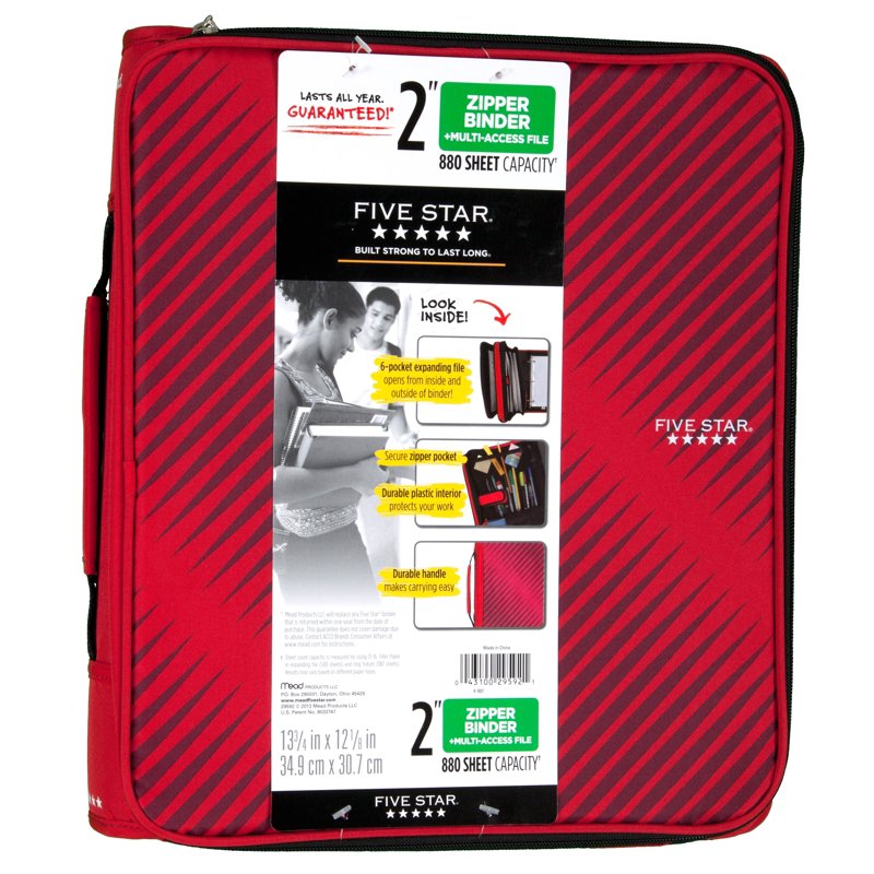 2-Inch Zipper Binder with Multi-Access File and 3 Rings, Red