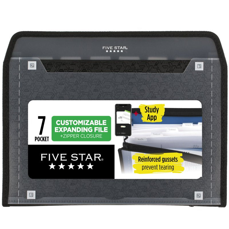 Customizable 7-Pocket Expanding File Folder - Black, Letter Size, Durable Zipper Closure