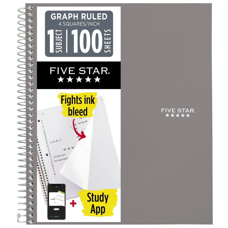 Graph Ruled Spiral Notebook with Study App, 1 Subject, 8.5x11, Gray