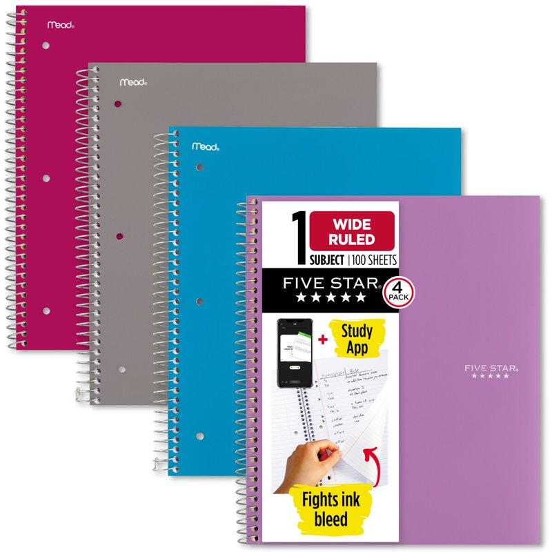 5-Star Spiral Notebook with Study App 1 Subject Wide Ruled 8 x 10.5 Inch 4 Pack