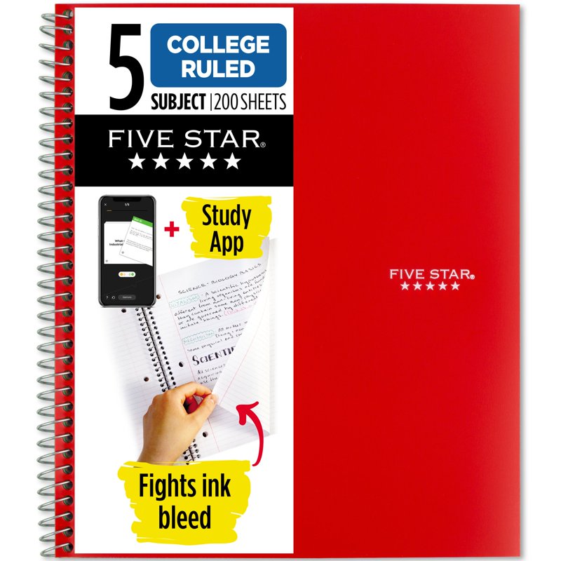 Five Star 5-Subject Wirebound Notebook - 200 Pages, Water-Resistant Cover