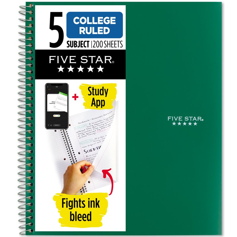 5-Subject Spiral Notebook with Study App, 8.5 x 11 College Ruled, Water-Resistant Cover