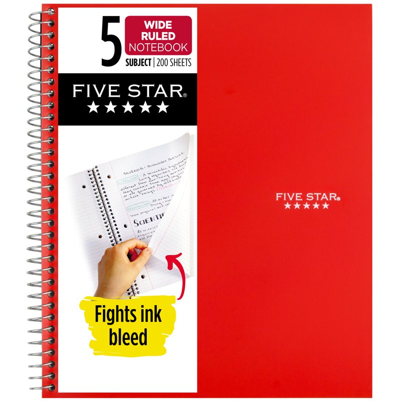5 Subject Spiral Notebook with Study App, Wide Ruled, 8x10.5 Inches, Fire Red