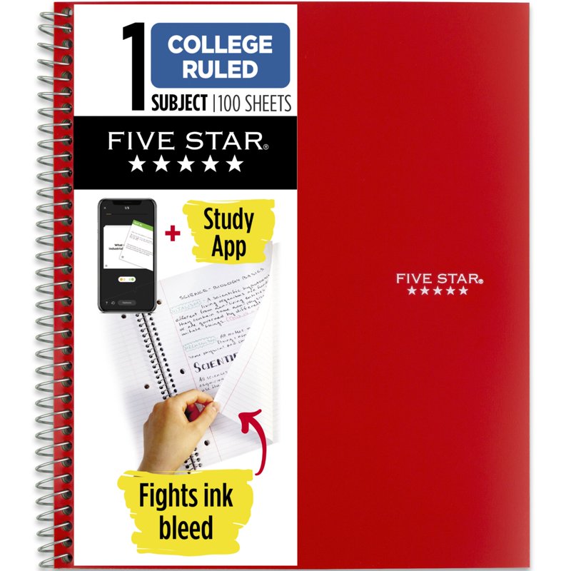 Spiral Notebook with Study App - 1 Subject, College Ruled, 8.5x11 Fire Red