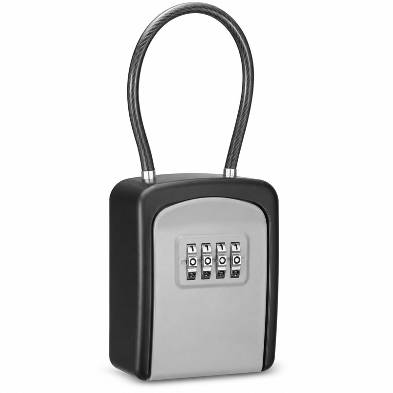Portable 4-Digit Combination Key Lock Box with Removable Cable, Wall Mount & Hanging Options