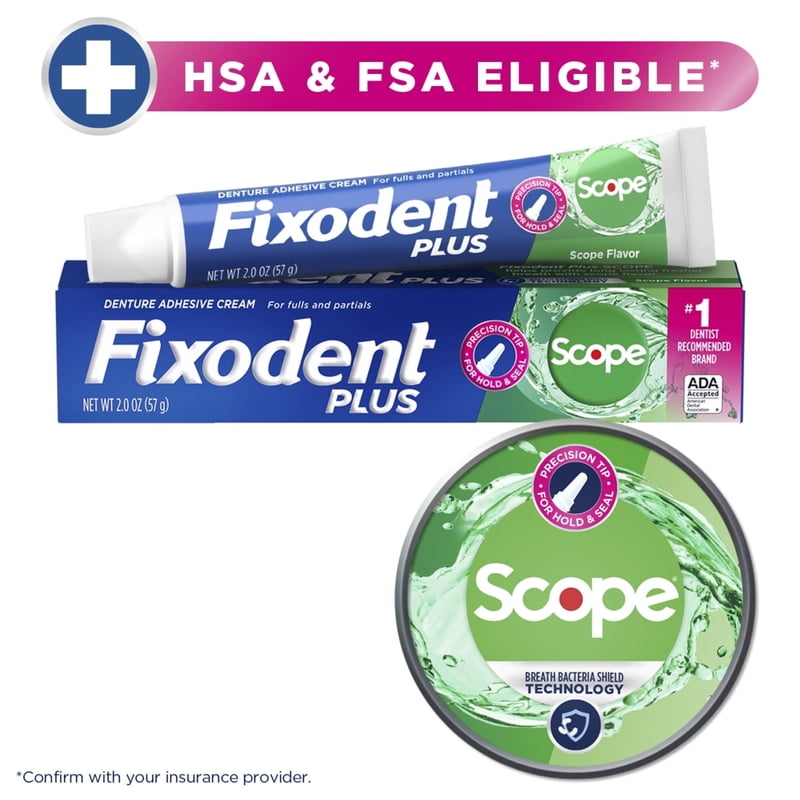 Denture Adhesive Cream with Scope Flavor, 2 oz - Strong Hold & Breath Bacteria Shield