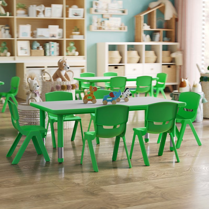 Kids Activity Table Set with 6 Chairs - Adjustable Classroom Furniture, Green