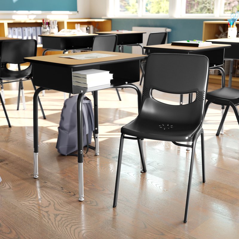 Student Desk with Classroom Stack Chair Set - Natural Top, Black Frame